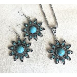 NEW Turquoise Sunflower Earring & Necklace Set Western Flower Bohemian Boho